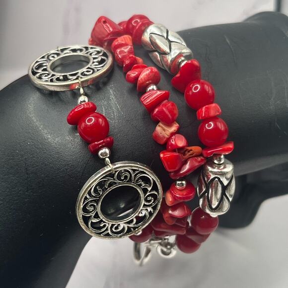 Vintage Premier Designs red coral and silver tone bracelet and necklace set - Picture 2 of 11
